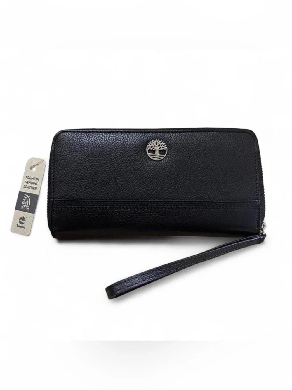 Timberland Black Leather Zip Wallet with Wrist Strap